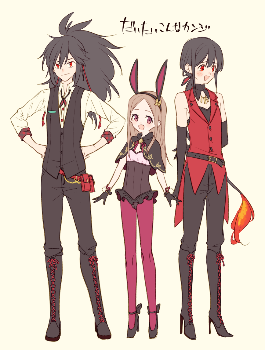 1girl, 2boys, bangs, black_hair, breasts, brown_eyes, brown_hair, fate/grand_order
