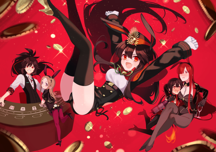 2boys, 3girls, animal_ears, bangs, black_capelet, black_gloves, black_hair, black_legwear, black_leotard, black_vest, bottle, breasts, brother_and_sister, brown_eyes, brown_hair, brown_legwear, bunny_tail, buttons, capelet, card, casino_card_table, chacha_(fate), coin, collared_shirt, crossed_legs, cup, detached_collar, dress_shirt, drinking_glass, fake_animal_ears, family_crest, fang, fate/grand_order, fate_(series), fiery_hair, forehead, garrison_cap, gloves, grin, hair_over_one_eye, hat, high_heels, highleg, highleg_leotard, highres, kodamari, koha-ace, large_breasts, leotard, long_hair, long_sleeves, looking_at_viewer, looking_back, medium_breasts, multiple_boys, multiple_girls, multiple_persona, oda_kippoushi_(fate), oda_nobukatsu_(fate), oda_nobunaga_(fate), oda_nobunaga_(fate)_(all), oda_nobunaga_(maou_avenger)_(fate), oda_uri, open_mouth, pantyhose, parted_bangs, playboy_bunny, playing_card, ponytail, purple_legwear, rabbit_ears, red_background, red_capelet, red_eyes, redhead, shirt, shrug_(clothing), siblings, sidelocks, small_breasts, smile, tail, thigh-highs, underbust, very_long_hair, vest, white_gloves, white_shirt, wine_bottle, wine_glass