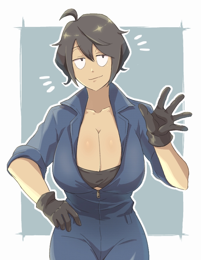 1girl, 30th_video_rentals, black_gloves, black_hair, blue_jumpsuit, breasts, cowboy_shot, gloves, half-closed_eyes, hand_on_hip, kataochi_chuuko, large_breasts, looking_at_viewer, open_jumpsuit, outline, shiitakeya1103, short_hair, smile, solo, virtual_youtuber, white_outline, zipper_pull_tab