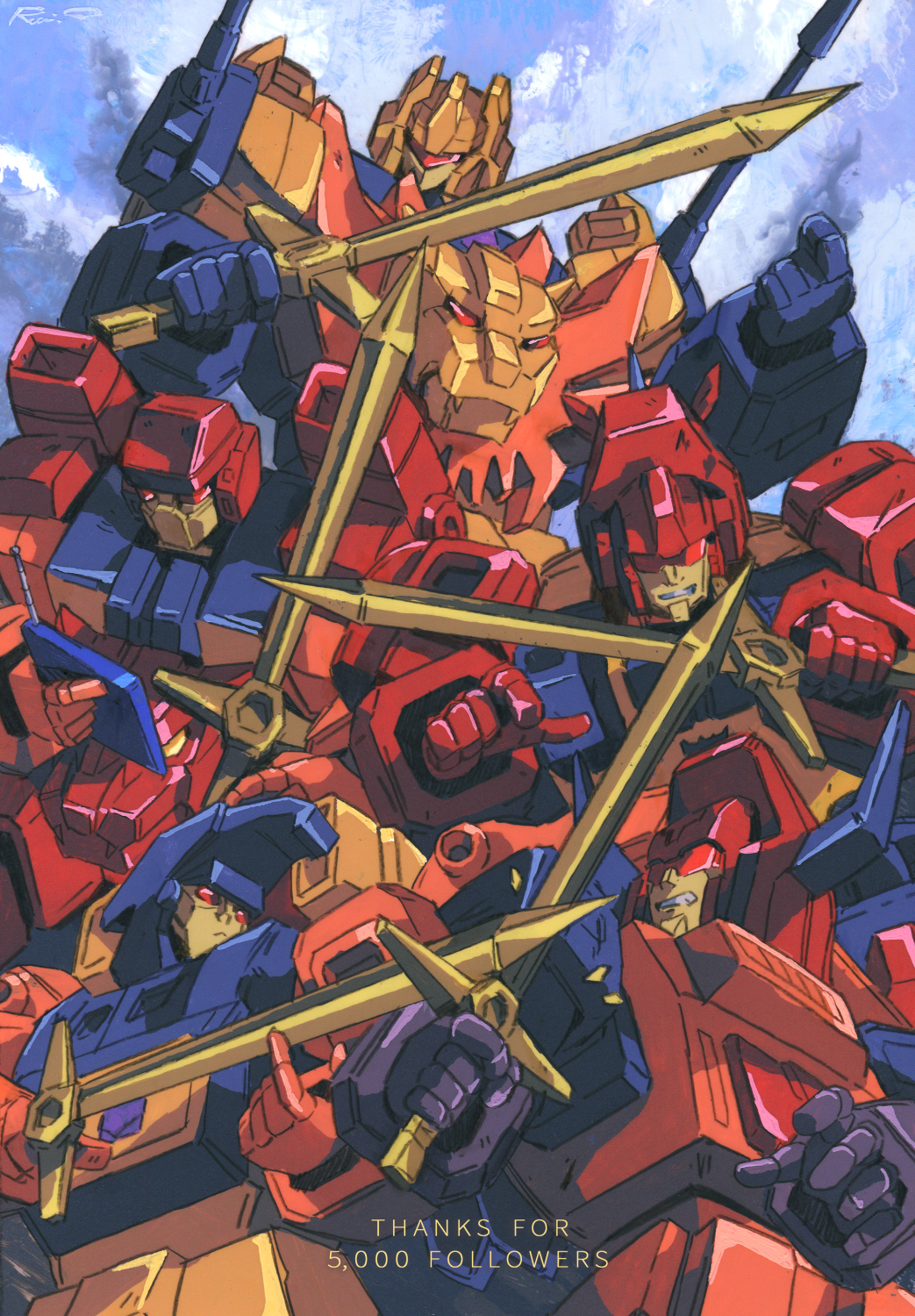 1980s_(style), 5boys, beast, bird, black_panther, blue_sky, bull, clouds, decepticon, divebomb_(transformers), group_picture, hawk, headstrong_(transformers), highres, insignia, lion, machinery, marble-v, mecha, milestone_celebration, multiple_boys, no_humans, predacon, rampage_(transformers), razorclaw_(transformers), retro_artstyle, rhinoceros, robot, science_fiction, sky, smoke, sword, tantrum_(transformers), transformers, weapon