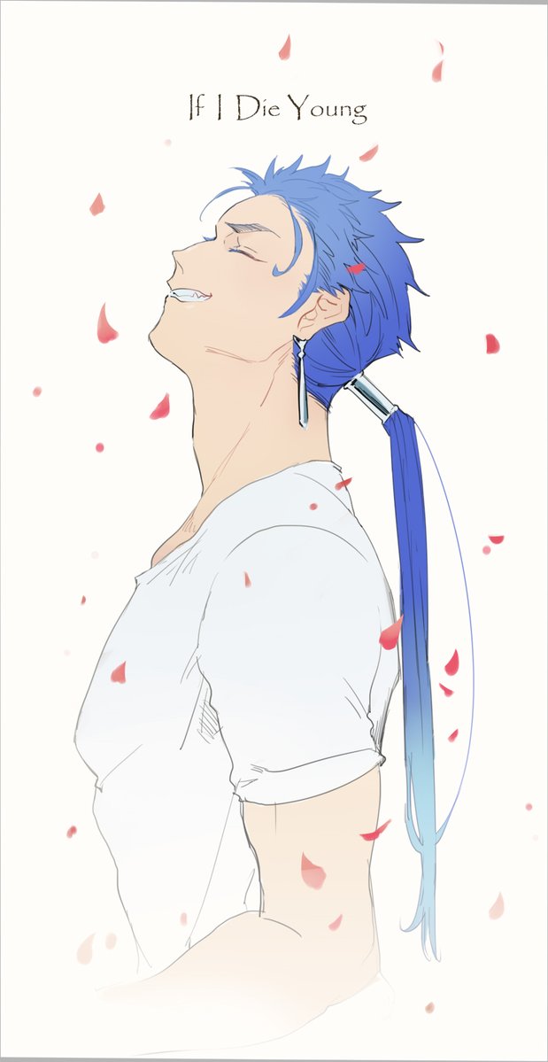 1boy, beads, blue_hair, closed_eyes, closed_mouth, cu_chulainn_(fate)_(all), earrings, english_text, fang, fate/stay_night, fate_(series), from_side, grin, hair_beads, hair_ornament, iash, jewelry, lancer, long_hair, male_focus, muscular, muscular_male, petals, ponytail, shirt, simple_background, smile, solo, spiky_hair, t-shirt