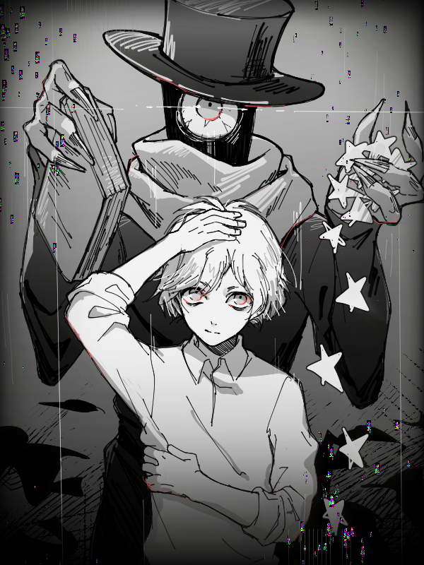 2boys, book, closed_mouth, collared_shirt, g_(itsuzono), hand_in_hair, hat, hitotsume-sama