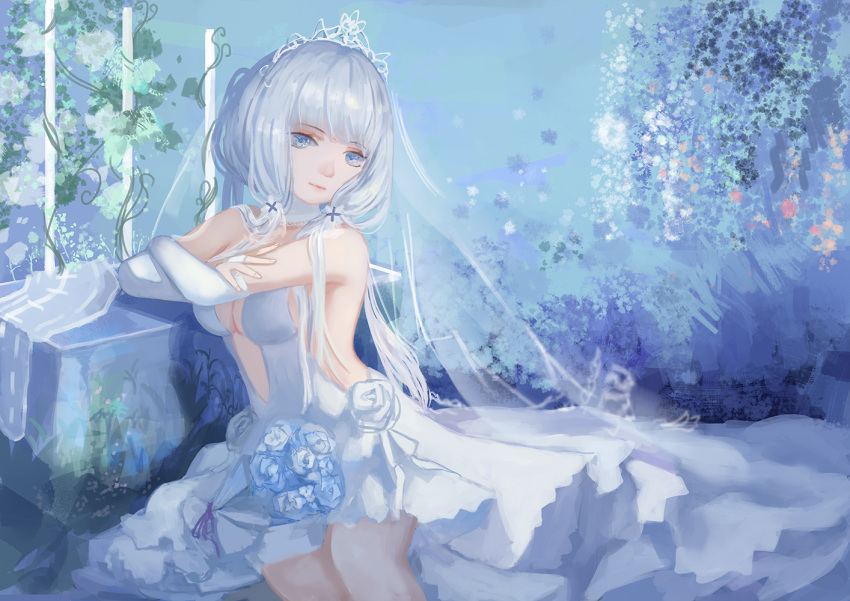 1girl, azur_lane, backless_outfit, bare_shoulders, blue_eyes, blue_flower, bouquet, breasts, bridal_gauntlets, bridal_veil, center_opening, dress, flower, garter_straps, gloves, hair_ribbon, halter_dress, halterneck, illustrious_(azur_lane), illustrious_(morning_star_of_love_and_hope)_(azur_lane), lace-trimmed_dress, lace_trim, large_breasts, long_dress, looking_at_viewer, mllay, official_alternate_costume, ribbon, rose, silver_eyelashes, solo, tiara, tri_tails, veil, wedding_dress, white_dress, white_flower, white_gloves, white_rose