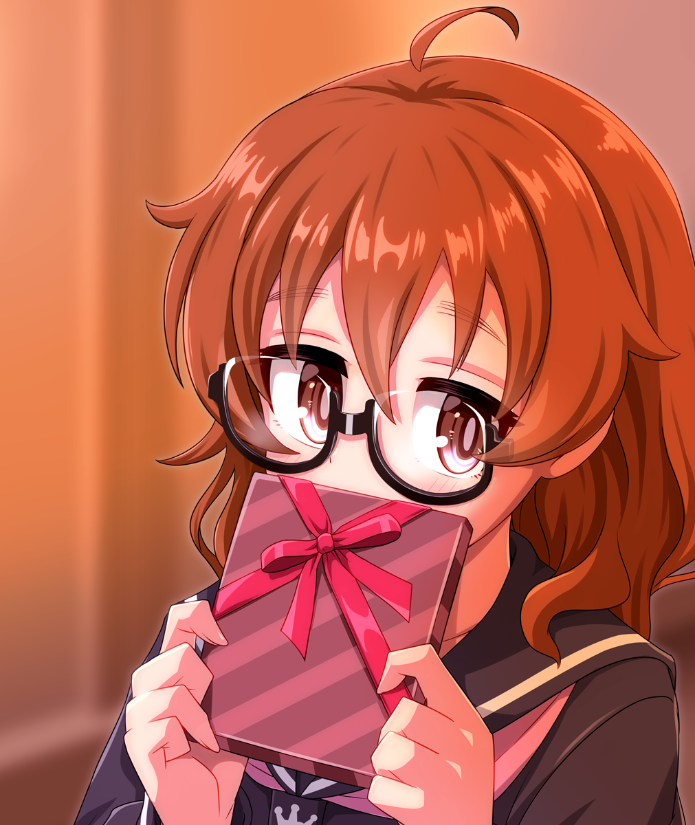 1girl, ahoge, araki_hina, bangs, black-framed_eyewear, black_serafuku, blurry, blush