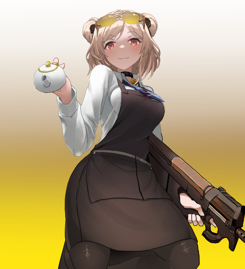 1girl, absurdres, apron, blush, breasts, bullpup, choker, double_bun