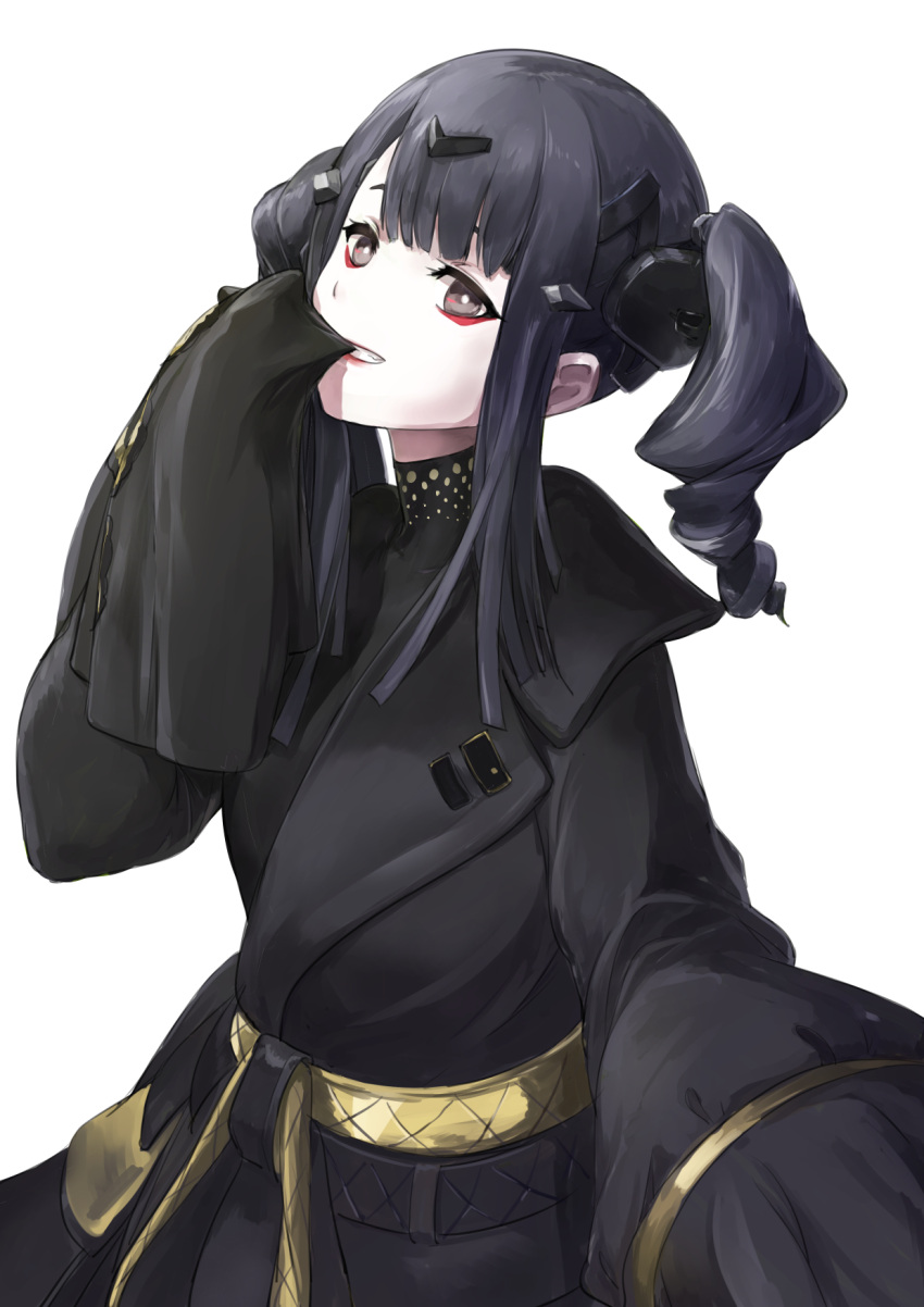 1girl, bangs, black_eyes, black_hair, blunt_bangs, eyeliner, girls_frontline, grin, highres, lips, long_sleeves, makeup, nyto_nimogen_(girls_frontline), pale_skin, paradeus, sanderson, sidelocks, smile, solo, twintails
