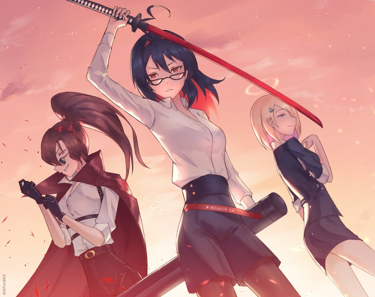 3girls, ahoge, ark_ford, arm_up, artist_name, belt, black_gloves, black_hair