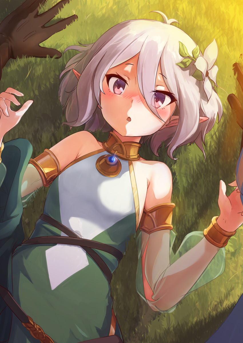 1girl, antenna_hair, bare_shoulders, blush, chestnut_mouth, detached_sleeves, elf, flat_chest