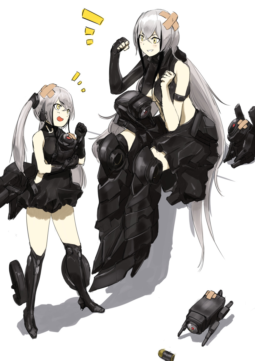 2girls, absurdly_long_hair, absurdres, asymmetrical_clothes, breasts, clip_studio_paint_(medium), destroyer_(girls_frontline), dual_persona, gaia_(girls_frontline), garm_(girls_frontline), girls_frontline, highlights, highres, large_breasts, long_hair, mechanical_boots, multicolored_hair, multiple_girls, sanderson, sangvis_ferri, sidelocks, sketch, twintails, very_long_hair, yellow_eyes
