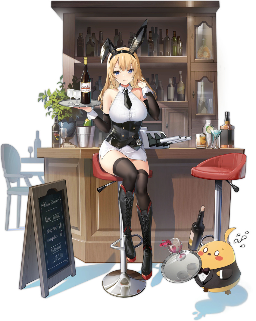 1girl, alcohol, animal_ears, astoria_(azur_lane), astoria_(black_bunny_carnival)_(azur_lane), azur_lane, bare_shoulders, black_bow