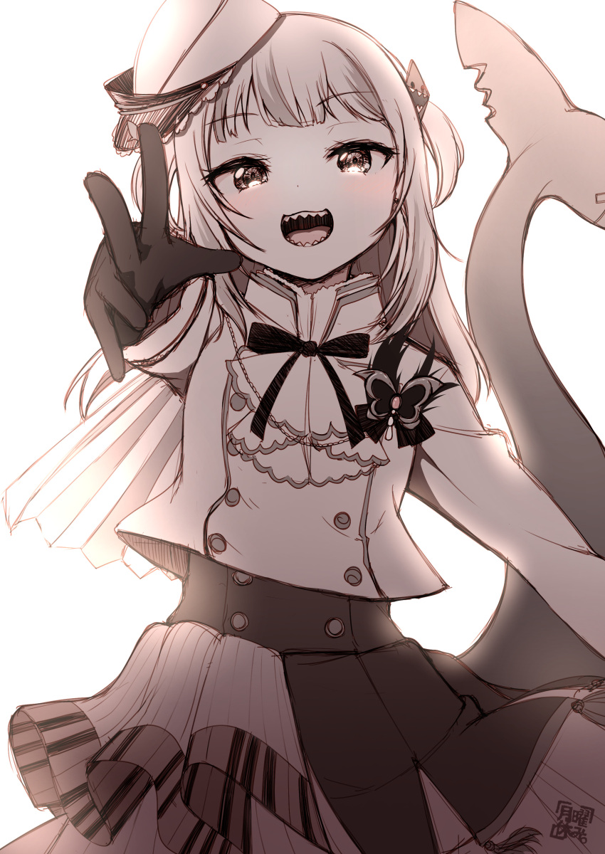 1girl, :d, absurdres, artist_logo, bang_dream!, bangs, black_bow, black_gloves, blunt_bangs, blush, bow, bug, butterfly, commentary, cosplay, cowboy_shot, eyebrows_visible_through_hair, eyelashes, fish_tail, gawr_gura, getsuyou_yasumi, gloves, grin, hair_ornament, hat, highres, hololive, hololive_english, idol_clothes, insect, jacket, jewelry, kurata_mashiro_(cosplay), long_hair, long_sleeves, looking_at_viewer, mini_hat, monochrome, multicolored_hair, necklace, open_mouth, shark_hair_ornament, shark_tail, sharp_teeth, sidelocks, simple_background, smile, solo, standing, streaked_hair, tail, teeth, two_side_up, v, virtual_youtuber, white_background, white_headwear, white_jacket