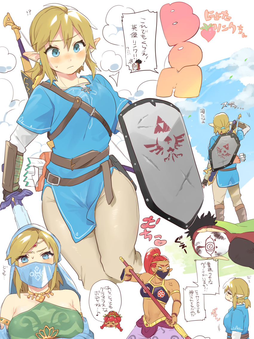 2boys, 3girls, androgynous, anger_vein, bare_shoulders, blonde_hair, blue_eyes, blush