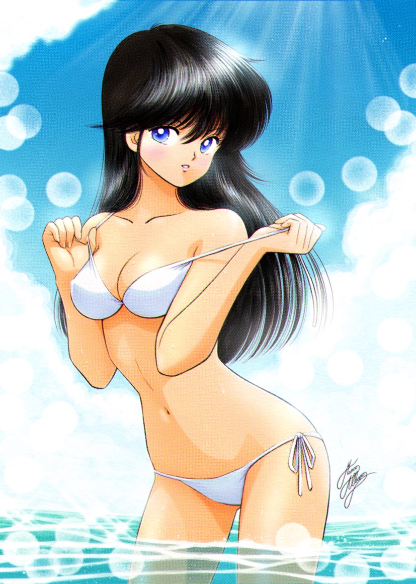 1girl, ayukawa_madoka, beach, belly, bikini, bikini_top, black_hair, blue_eyes