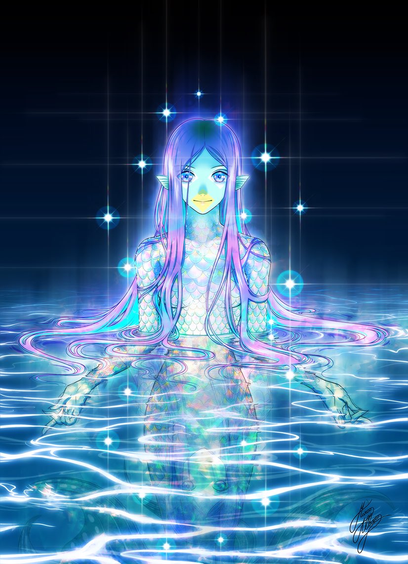 1girl, amabie, aqua_skin, beak, breasts, commentary, english_commentary, fins, head_fins, italian_commentary, long_hair, marco_albiero, mermaid, monster_girl, original, partially_submerged, purple_hair, scales, signature, small_breasts, solo, sparkle, very_long_hair, violet_eyes, youkai