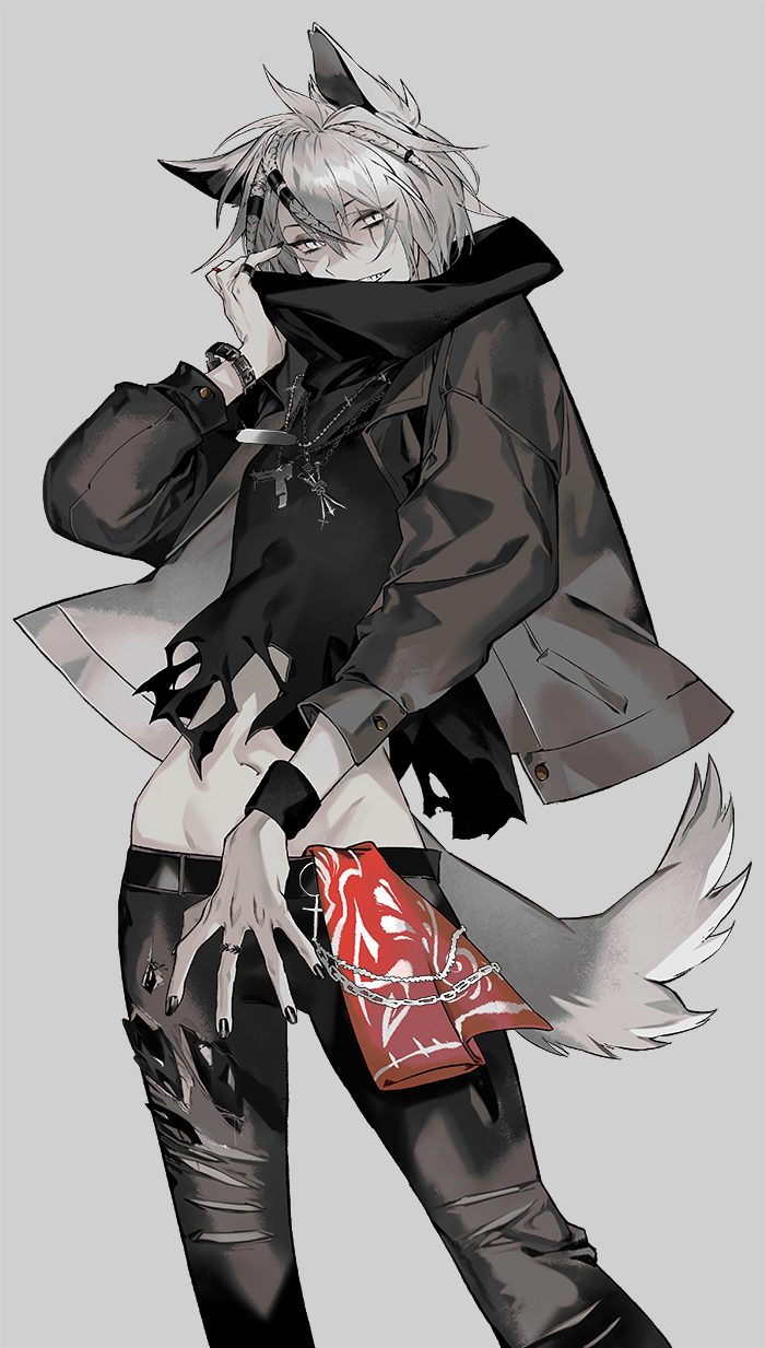 1girl, animal_ears, arknights, belt, black_nails, bracelet, braid, breasts