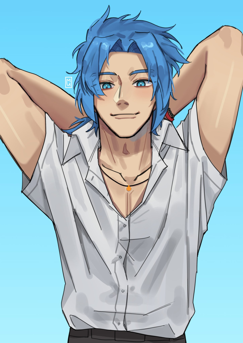 1boy, arms_behind_head, arms_up, artist_name, belt, black_pants, blue-haired_boy_(how_to_draw_manga), blue_background