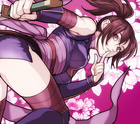 bandage, brown_eyes, brown_hair, female_ninja, japanese_clothes, kunai, lowres, ninja, nobunaga_no_yabou_online, ponytail, thighhighs, weapon, yukitada
