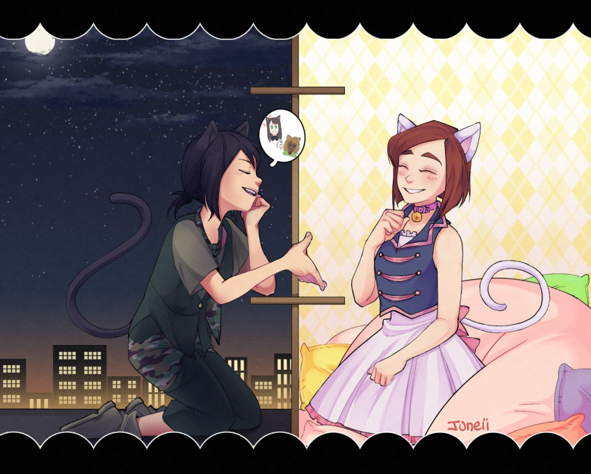 4girls, animal_ears, argyle, artist_name, asakusa_midori, bangs, bean_bag_chair, bell