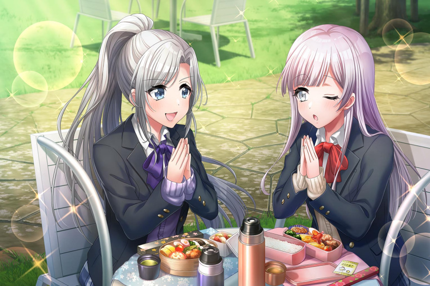 2girls, blue_eyes, d4dj, dress, grey_eyes, grey_hair, izumo_saki, long_hair
