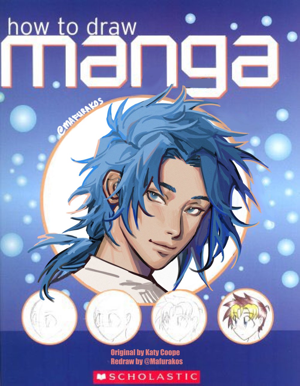 1boy, artist_name, bangs, blue-haired_boy_(how_to_draw_manga), blue_background, blue_eyes, blue_hair, blue_theme