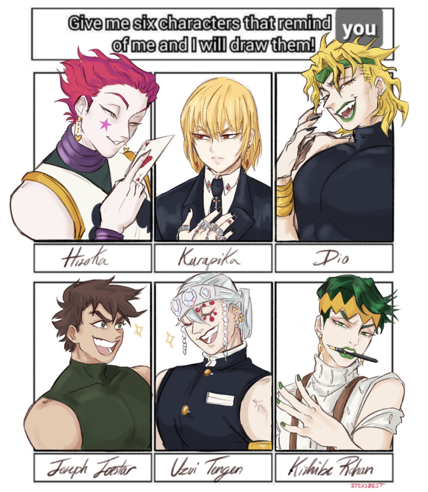 6+boys, ace_of_hearts, armlet, between_fingers, black_jacket, black_nails, black_neckwear, black_suit, blonde_hair, bracelet, brown_hair, buttons, card, character_name, closed_eyes, clothing_cutout, collarbone, collared_shirt, commentary, dio_brando, ear_piercing, earrings, english_commentary, english_text, facial_mark, fangs, fingernails, formal, fountain_pen, gem, green_eyes, green_hair, green_lips, green_nails, hair_between_eyes, hand_up, headband, heart, heart_earrings, highres, hisoka_morow, holding, holding_card, hunter_x_hunter, ijessbest, jacket, jewelry, jojo_no_kimyou_na_bouken, joseph_joestar_(young), kimetsu_no_yaiba, kishibe_rohan, kurapika, lapel, long_fingernails, looking_at_viewer, male_focus, mouth_hold, multiple_boys, necktie, open_mouth, orange_eyes, outside_border, pectorals, pen, piercing, pink_hair, playing_card, red_eyes, ring, sharp_fingernails, shirt, short_hair, six_fanarts_challenge, sleeveless, sparkle, suit, suspenders, turtleneck, uzui_tengen, white_hair, white_shirt, yellow_eyes