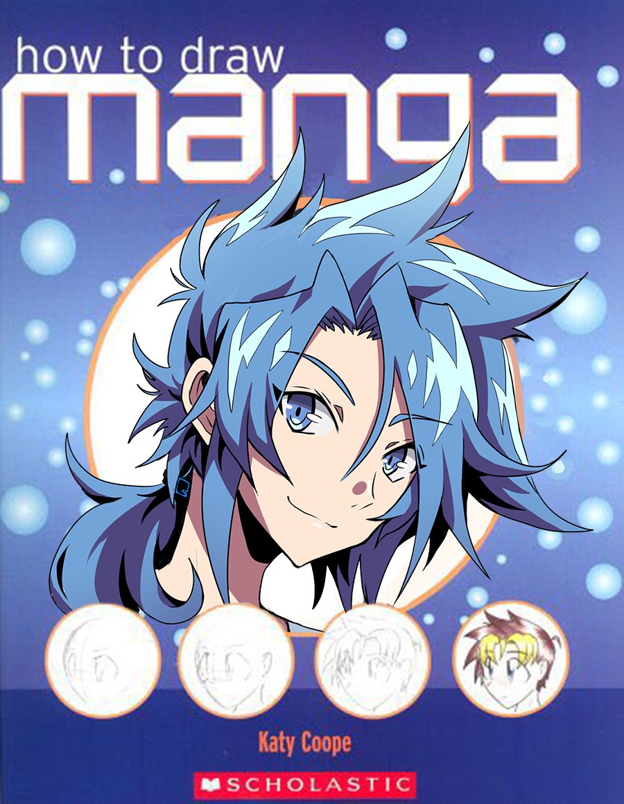 1boy, bangs, blue-haired_boy_(how_to_draw_manga), blue_background, blue_eyes, blue_theme, closed_mouth, commentary