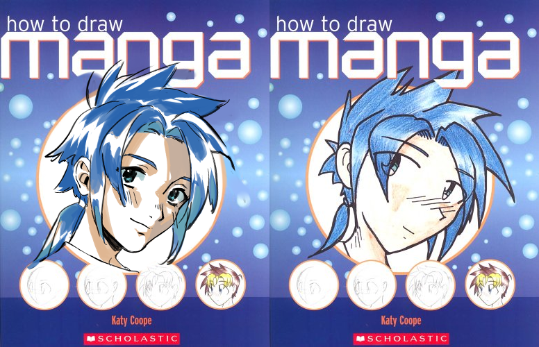 1boy, aqua_eyes, artist_name, bangs, blue-haired_boy_(how_to_draw_manga), blue_background, blue_hair, blue_theme, blush, closed_mouth, commentary, cover, cover_page, derivative_work, english_commentary, english_text, face, forehead, hair_intakes, hair_tie, happy, how_to_draw_manga, juby, katy_coope, light_blush, looking_at_viewer, medium_hair, multiple_views, nose_blush, ponytail, reference_work, shiny, shiny_hair, short_hair, sidelocks, sketch, smile, tied_hair, traditional_media