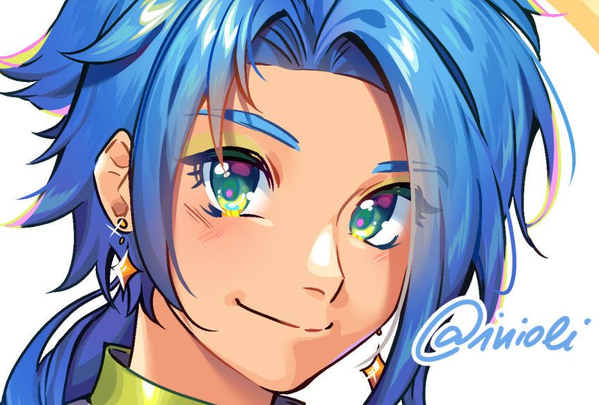 1boy, aliasing, androgynous, artist_name, bangs, blue-haired_boy_(how_to_draw_manga), blue_hair, blush