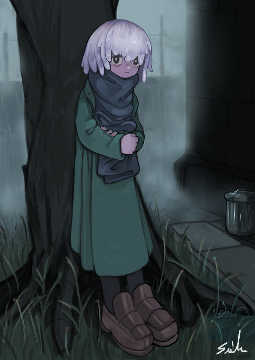 1girl, absurdres, black_eyes, bright_pupils, brown_footwear, dress, fog, grass