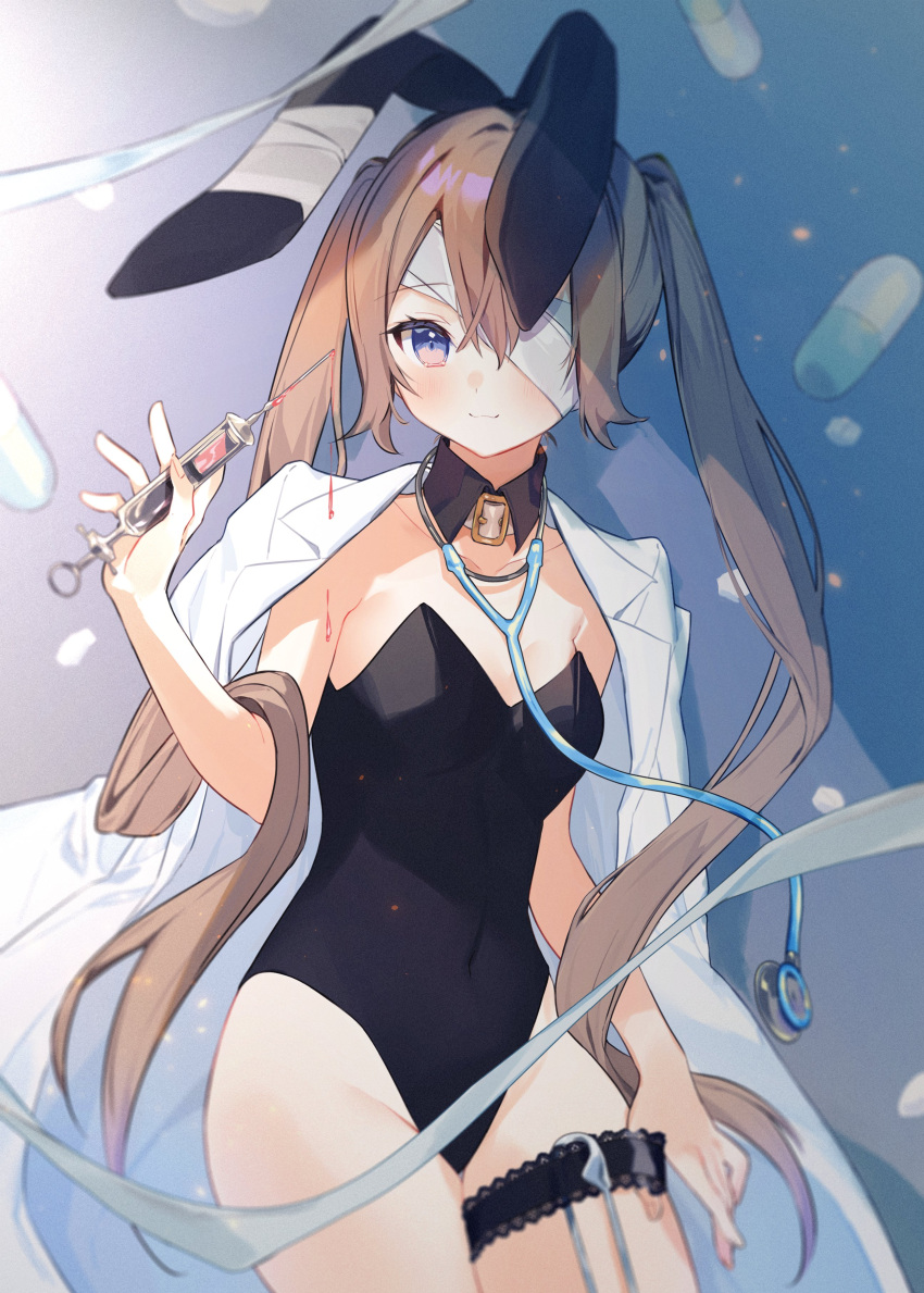 1girl, absurdres, animal_ears, bandage_over_one_eye, bandaged_ear, bare_legs, belt_collar, black_garter