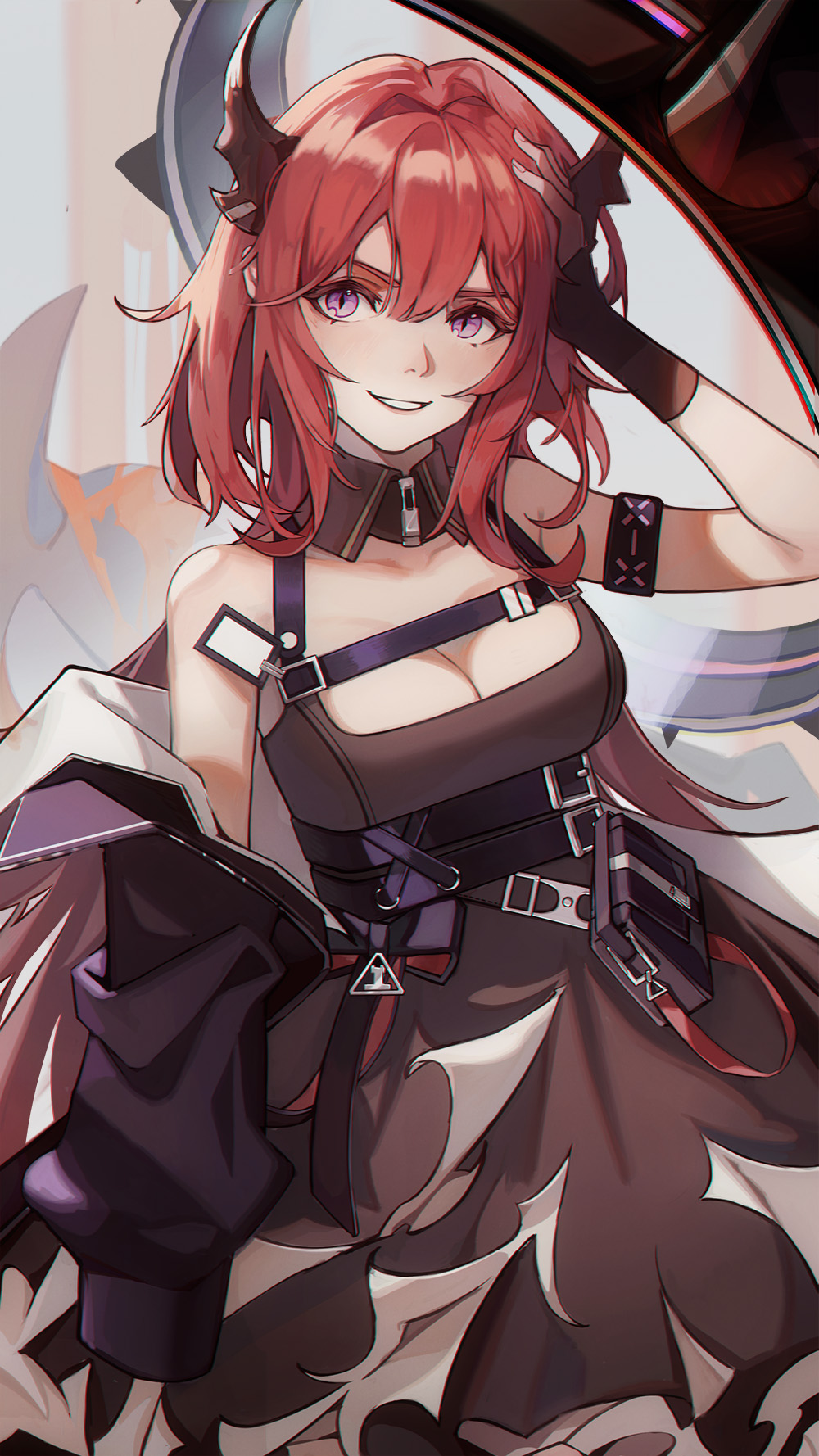 arknights, bare_shoulders, blush, demon_girl, demon_horns, highres, horns, jacket