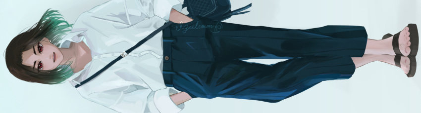 1girl, absurdres, bag, barefoot, brown_hair, eyebrows_visible_through_hair, feet, full_body
