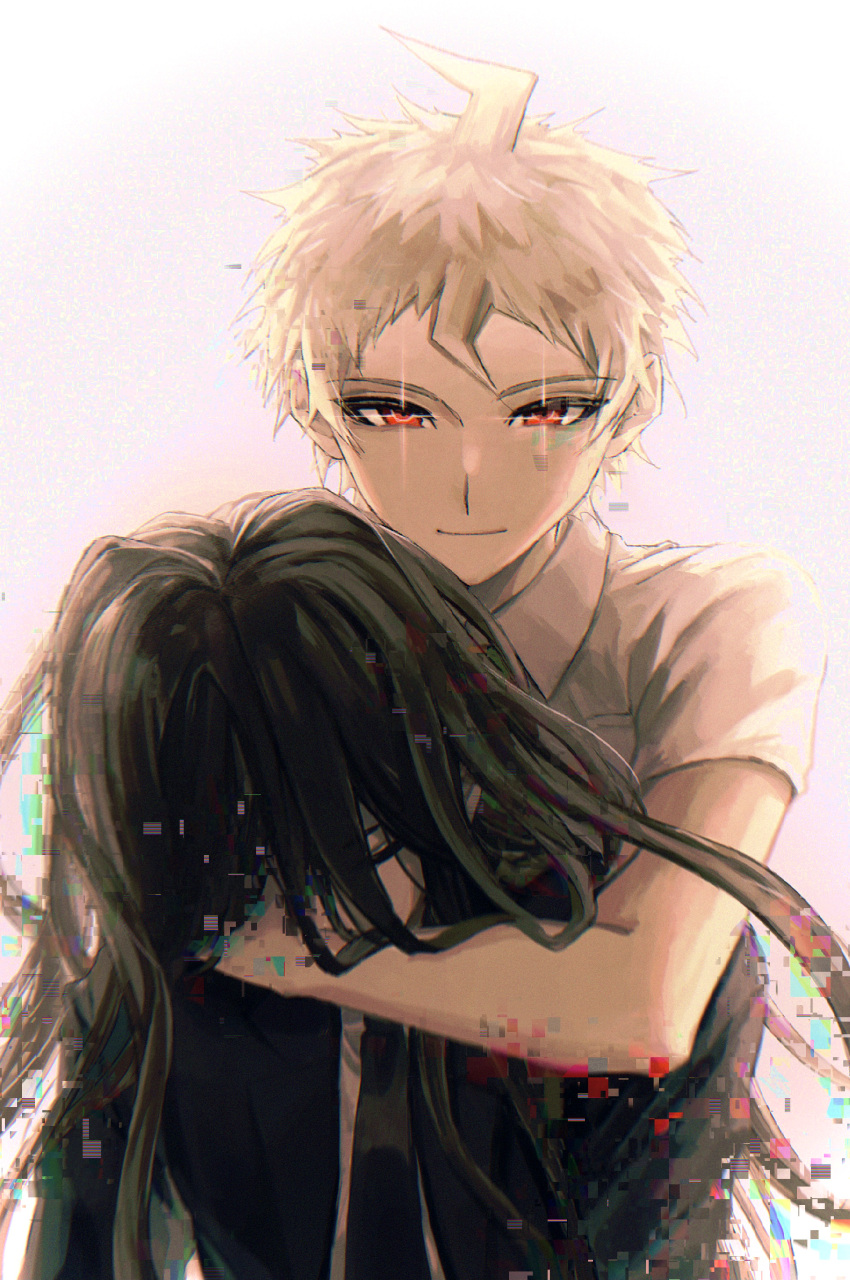 2boys, absurdres, ahoge, aji_kosugi, arms_around_neck, bangs, black_hair, closed_mouth, collared_shirt, commentary_request, dangan_ronpa_(series), dangan_ronpa_2:_goodbye_despair, dual_persona, earrings, grey_background, highres, hinata_hajime, hinata_hajime_(awakened), hug, hug_from_behind, jewelry, kamukura_izuru, long_hair, looking_at_viewer, male_focus, multiple_boys, red_eyes, shirt, short_hair, short_sleeves, simple_background, smile, spoilers, upper_body, white_shirt