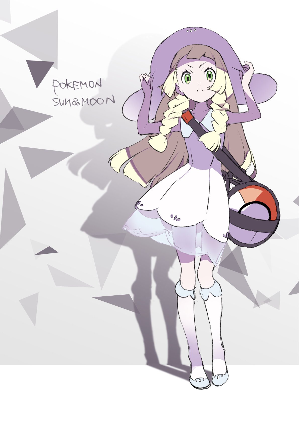 1girl, bag, bangs, braid, closed_mouth, collarbone, collared_dress, commentary_request, copyright_name, dress, duffel_bag, eyelashes, frown, full_body, green_eyes, hands_on_headwear, hands_up, hat, highres, katagiri_ikumi, kneehighs, lillie_(pokemon), long_hair, looking_at_viewer, poke_ball_print, pokemon, pokemon_(game), pokemon_sm, shoes, sketch, sleeveless, sleeveless_dress, solo, standing, sun_hat, twin_braids, white_dress, white_headwear, white_legwear
