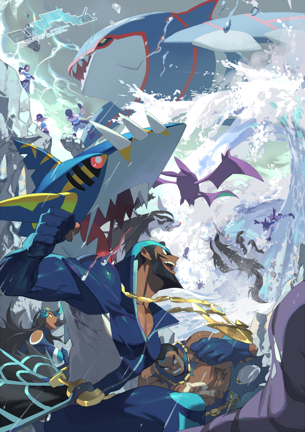 3girls, 4boys, anchor_necklace, archie_(pokemon), bandana, beard, black_hair, clenched_hand