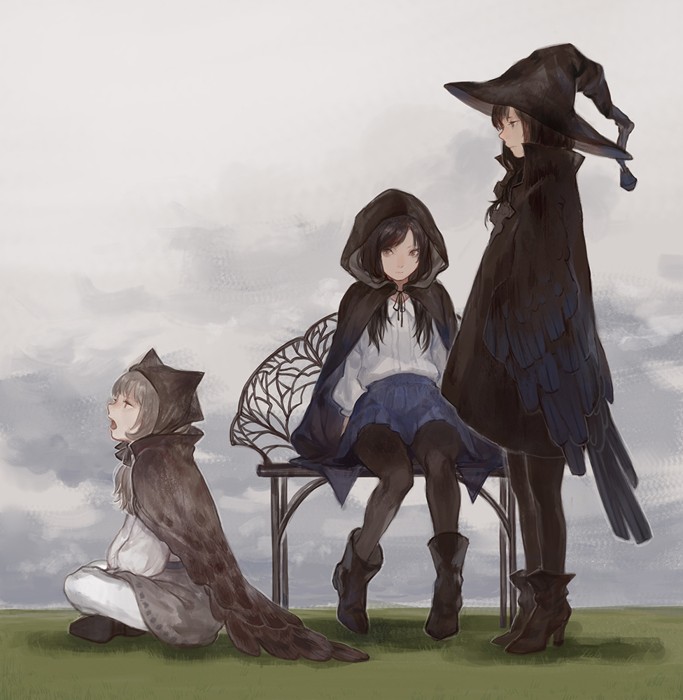 3girls, bench, black_hair, blouse, blue_skirt, brown_eyes, cape, closed_mouth