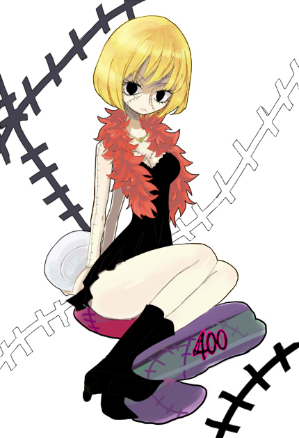 blonde_hair, dress, high_heels, kyun_(kana1), one_piece, scar, shoes, short_hair