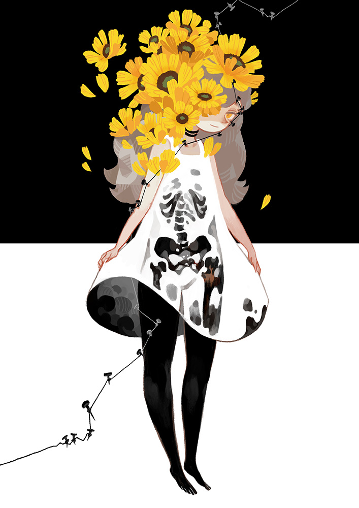 1girl, barefoot, blooming, dress, flower, grey_hair, light_smile, looking_at_viewer