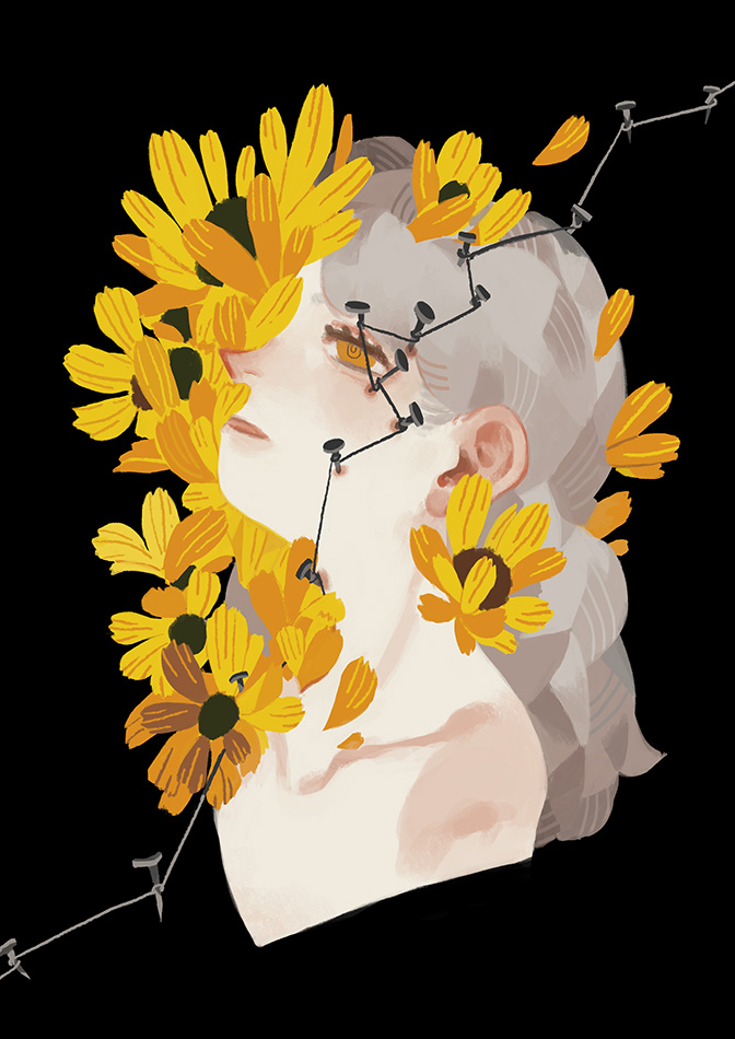1girl, black_background, blooming, collarbone, flower, grey_hair, medium, nail