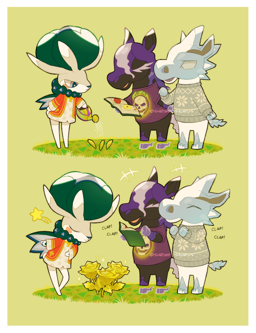 animal_crossing, blush_stickers, book, bow, calyrex, clapping, closed_eyes, closed_mouth