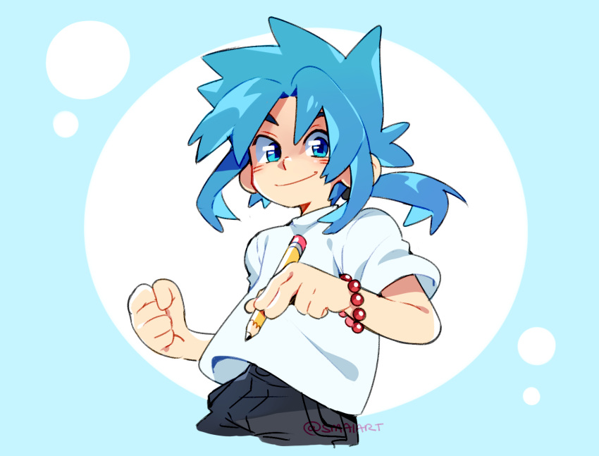 1boy, artist_name, bangs, bead_bracelet, beads, black_pants, blue-haired_boy_(how_to_draw_manga), blue_background, blue_eyes, blue_hair, blue_theme, blush, bracelet, clenched_hand, closed_mouth, commentary, cowboy_shot, cropped_legs, english_commentary, hair_intakes, hair_tie, hands_up, happy, highres, holding, holding_pencil, how_to_draw_manga, jewelry, long_hair, looking_at_viewer, male_focus, pants, pencil, ponytail, sami_briggs, shirt, short_sleeves, sidelocks, signature, simple_background, smile, solo, spiky_hair, standing, tied_hair, twitter_username, two-tone_background, white_shirt