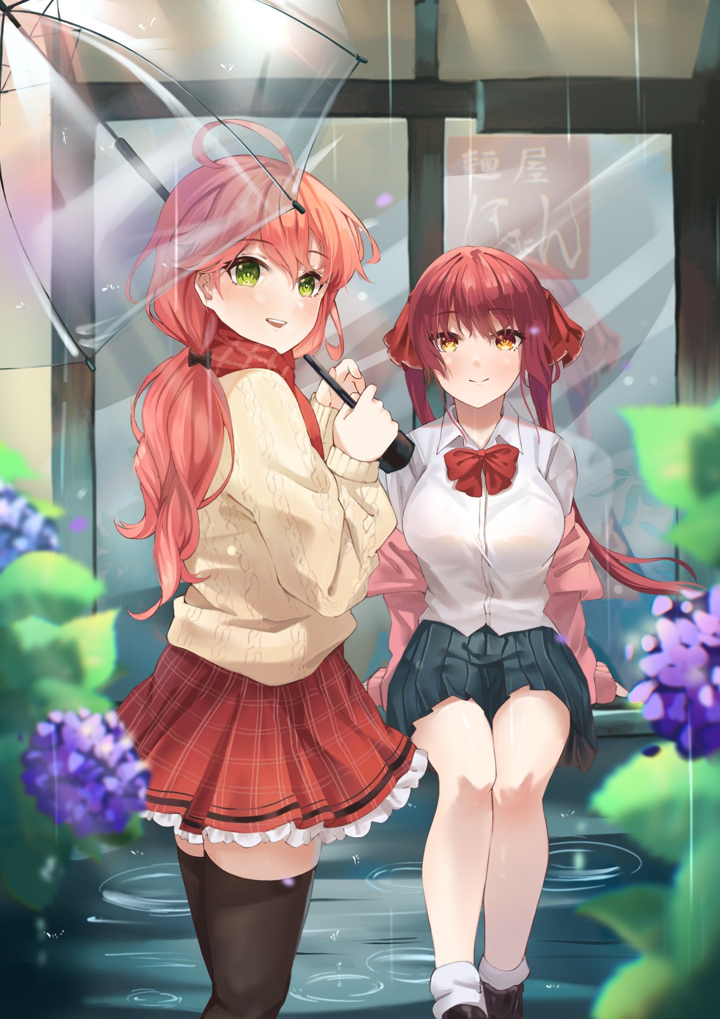 2girls, ahoge, alternate_costume, bangs, beige_sweater, black_bow, blue_skirt, blurry, blurry_foreground, bow, bra_through_clothes, breasts, brown_eyes, cardigan, flower, green_eyes, hair_bow, highres, hololive, houshou_marine, in-san, large_breasts, multiple_girls, off_shoulder, official_alternate_costume, pink_cardigan, pink_hair, plaid, plaid_skirt, purple_flower, rain, red_bow, red_scarf, red_skirt, redhead, sakura_miko, scarf, school_uniform, skirt, thigh-highs, transparent, transparent_umbrella, twintails, umbrella, virtual_youtuber, water, window