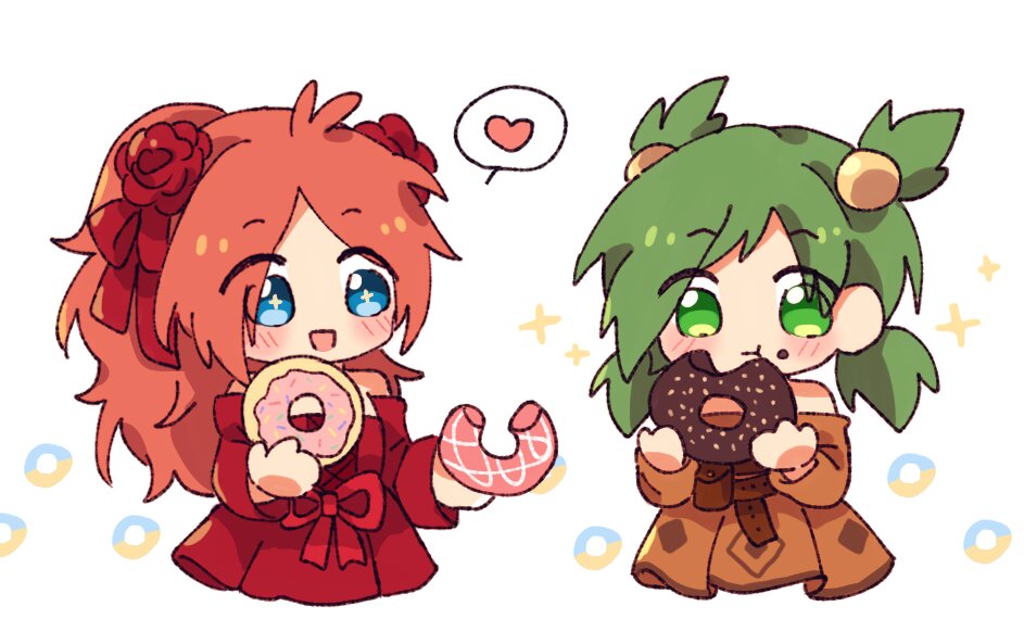 +_+, 2girls, :d, anna_(epic_battle_fantasy), apple_dkdksr, bangs, blue_eyes, brown_dress, chibi, cropped_legs, doughnut, dress, dress_bow, eating, english_commentary, epic_battle_fantasy, eyebrows_visible_through_hair, food, food_on_face, green_eyes, green_hair, hair_bobbles, hair_ornament, hair_ribbon, heart, holding, holding_food, long_hair, long_sleeves, multiple_girls, natalie_(epic_battle_fantasy), off-shoulder_dress, off_shoulder, open_mouth, orange_hair, red_dress, ribbon, smile, spoken_heart, star_(symbol), white_background