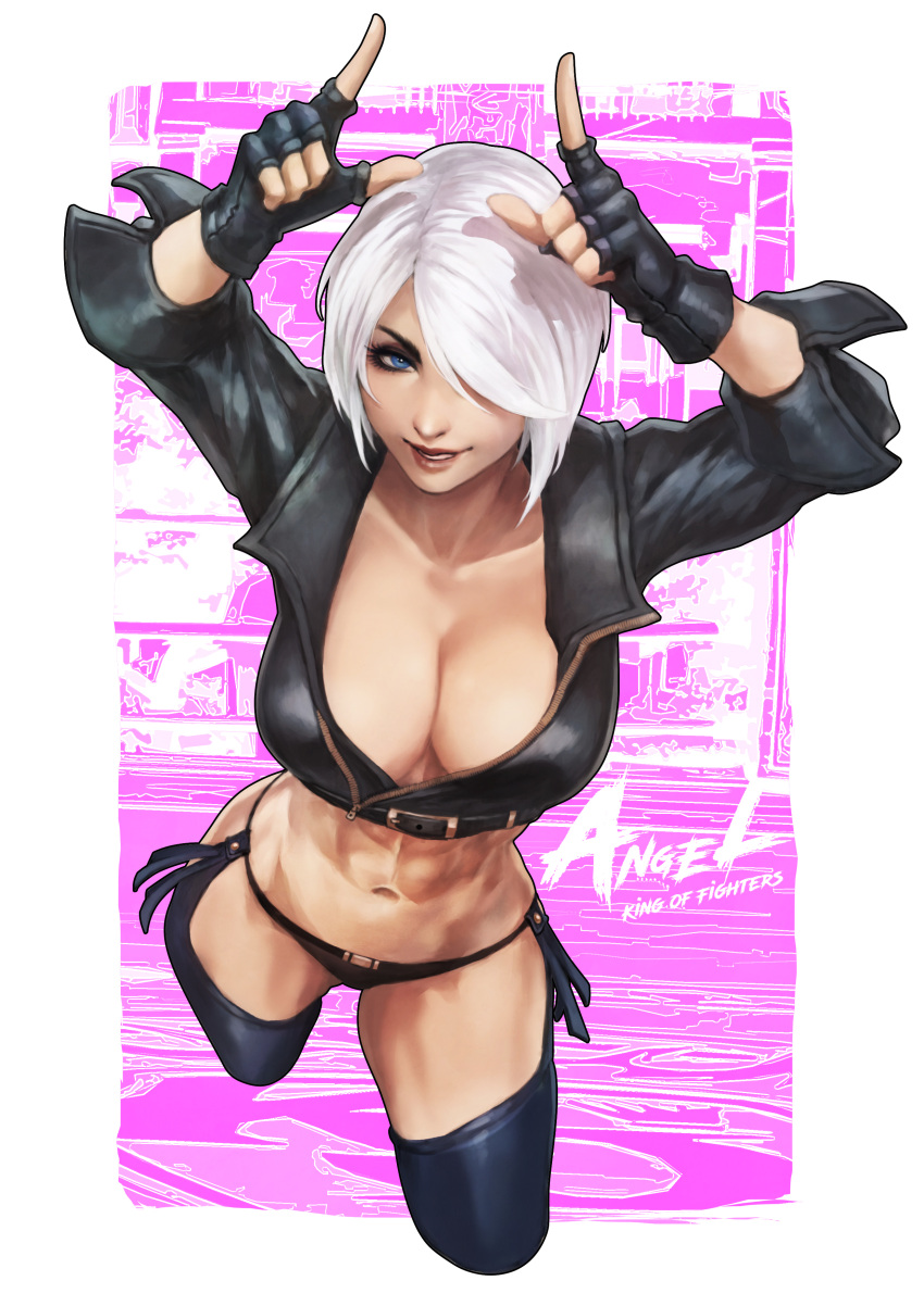 abs, absurdres, angel_(kof), arms_up, blue_eyes, breasts, chaps, character_name