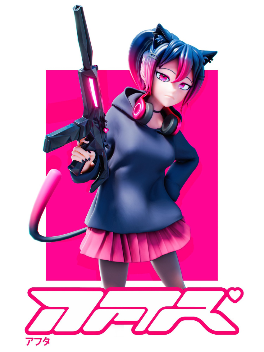 1girl, 3d, animal_ear_fluff, animal_ears, bangs, black_hoodie, cat_ears, frown, gradient_hair, gun, hair_between_eyes, hand_on_hip, headphones, headphones_around_neck, highres, holding, holding_gun, holding_weapon, hood, hoodie, leaning_to_the_side, leggings, multicolored_hair, original, pink_eyes, pink_skirt, pwr_aftr, skirt, solo, submachine_gun, valorant, weapon