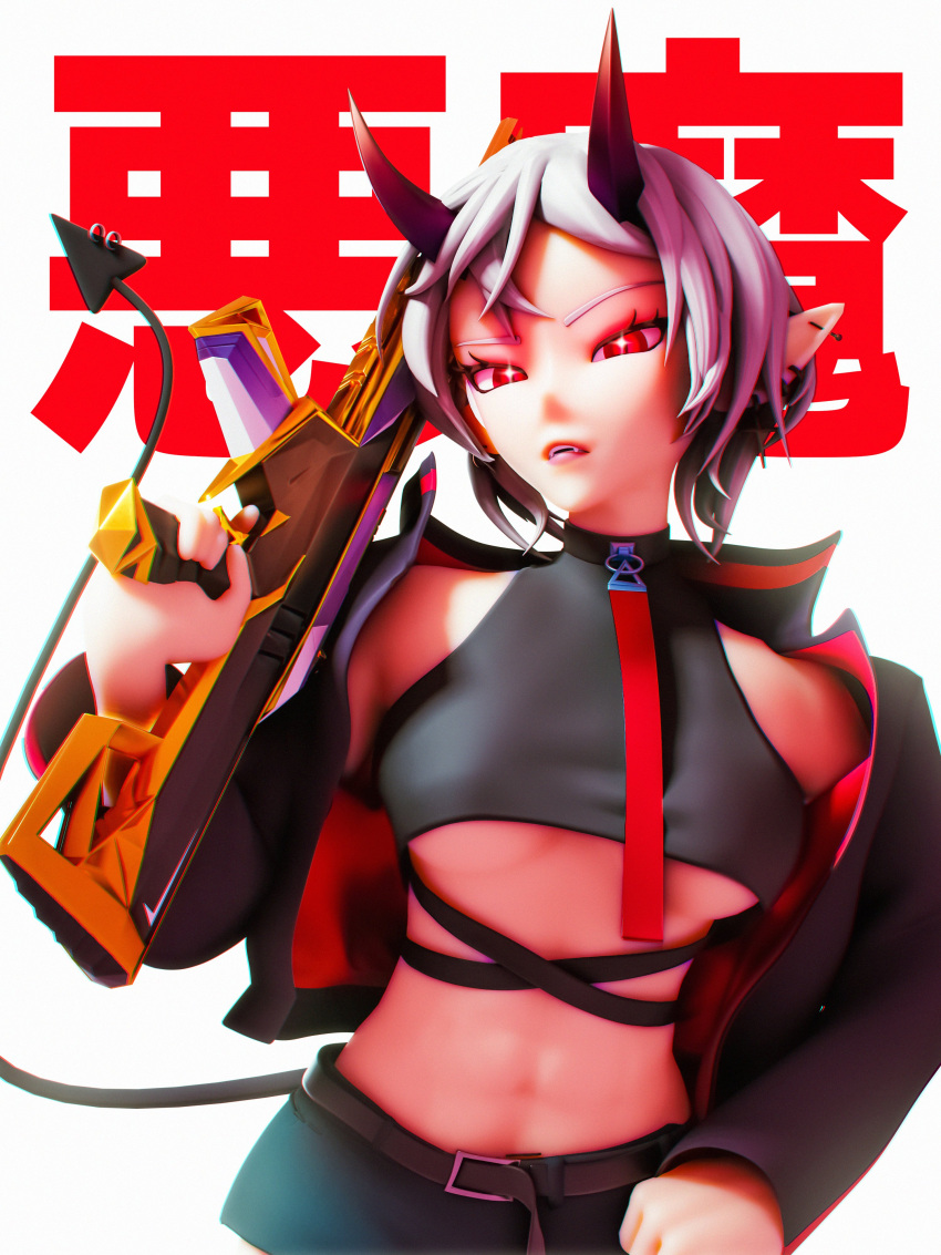 1girl, 3d, absurdres, assault_rifle, belt, black_belt, black_jacket, black_shorts, breasts, crop_top, demon_girl, demon_tail, grey_hair, gun, halter_top, halterneck, highres, holding, holding_gun, holding_weapon, horns, indie_virtual_youtuber, jacket, midriff, navel, open_mouth, pointy_ears, pwr_aftr, red_eyes, rifle, rinkya, short_hair, short_shorts, shorts, solo, tail, under_boob, valorant, virtual_youtuber, weapon