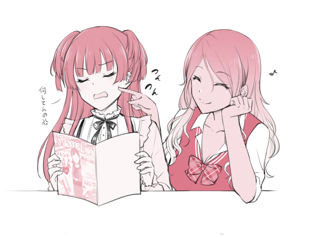 2girls, ^_^, anger_vein, annoyed, black_hair, blonde_hair, blouse, bow