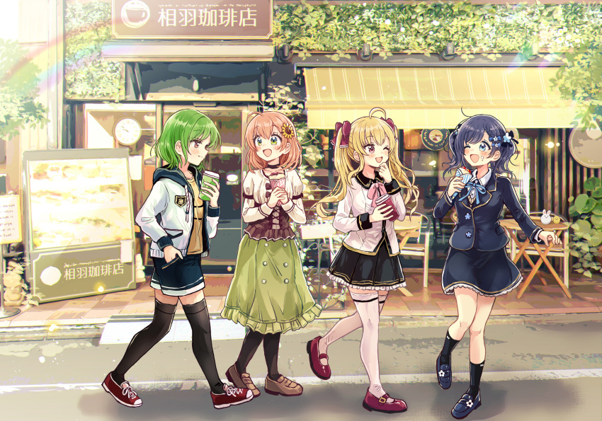 4girls, ;d, ahoge, aiba_uiha, bangs, black_jacket, black_legwear, black_shorts