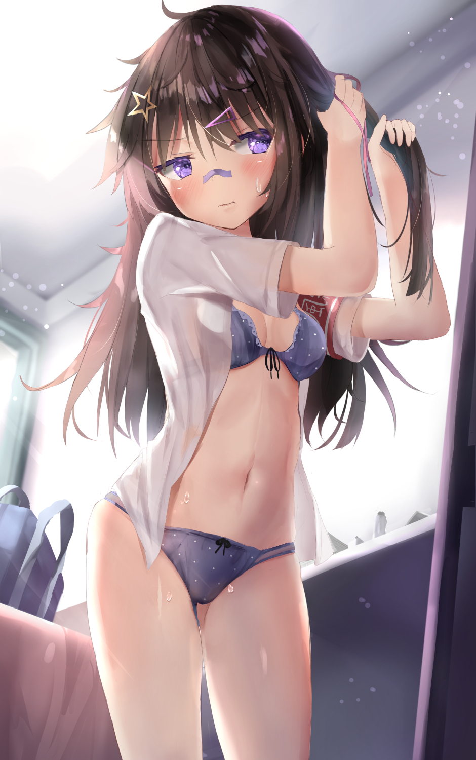 1girl, armband, bag, bandaid, bandaid_on_nose, bangs, black_hair, blue_bra