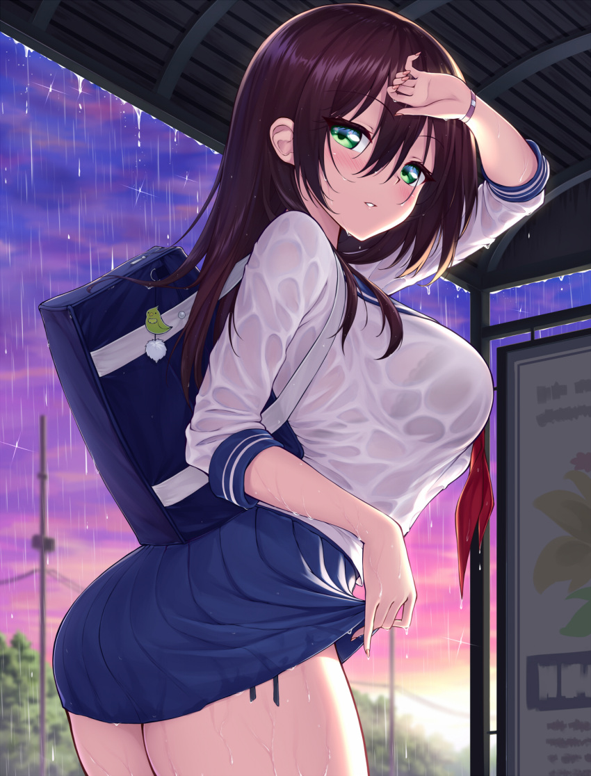 1girl, arm_up, bag, black_bra, blush, bra, bra_through_clothes, bralines